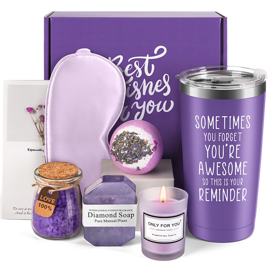 Premium Self Care Wellness Giftbox (Mug, Sea Salt, Scented Candle, Bath Bomb + Sleeping Mask) - Purple